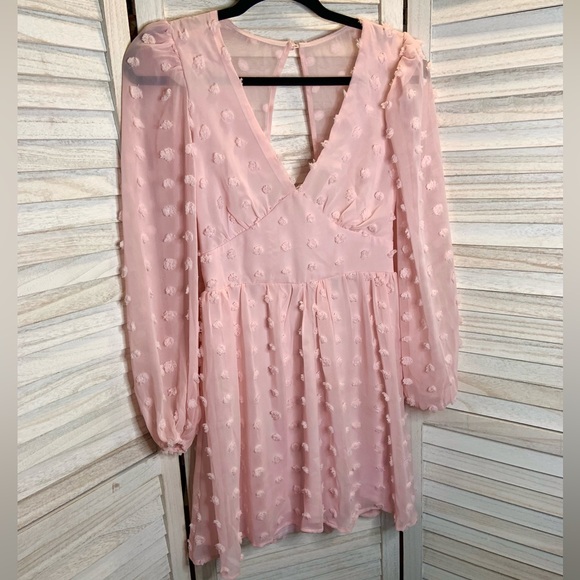 Honey and Rosie Light Pink Swiss Dot Sheer V Neck Long Sleeve Mini Sundress 3 - Picture 4 of 14